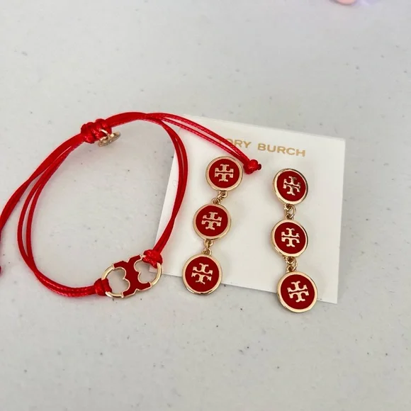 Tory Burch Gold-Tone Red Enamel Triple Drop Logo Earrings - Picture 9 of 13